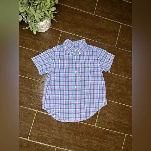 Ralph Lauren baby blue/pink/white plaid button down boys sz 2T - Picture 1 of 4